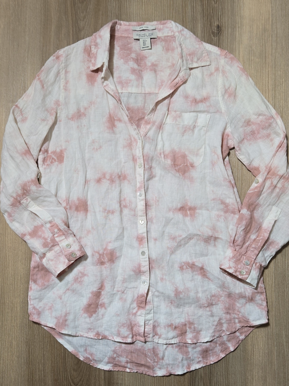 Rachel Zoe White and Pink Tie-Dye Linen Button-Down Shirt